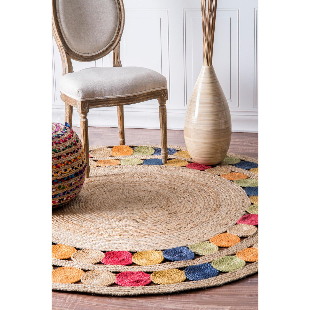  colorful Jute round Rug, Antique Living Room Floor Carpet, Bedroom Rugs by Jaipur Handloom