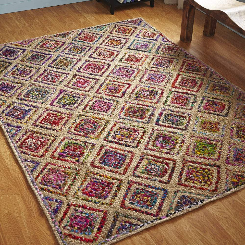Handwoven Cotton Rug, Chindi Jute Area Rug, Diamond Design Rugs