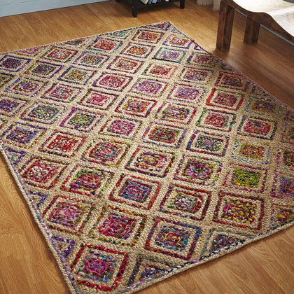 Handwoven Cotton Rug, Chindi Jute Area Rug, Diamond Design Rugs