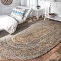 6' X 8' Braided Denim Jute Oval Area Rug for Living Room & Bedroom