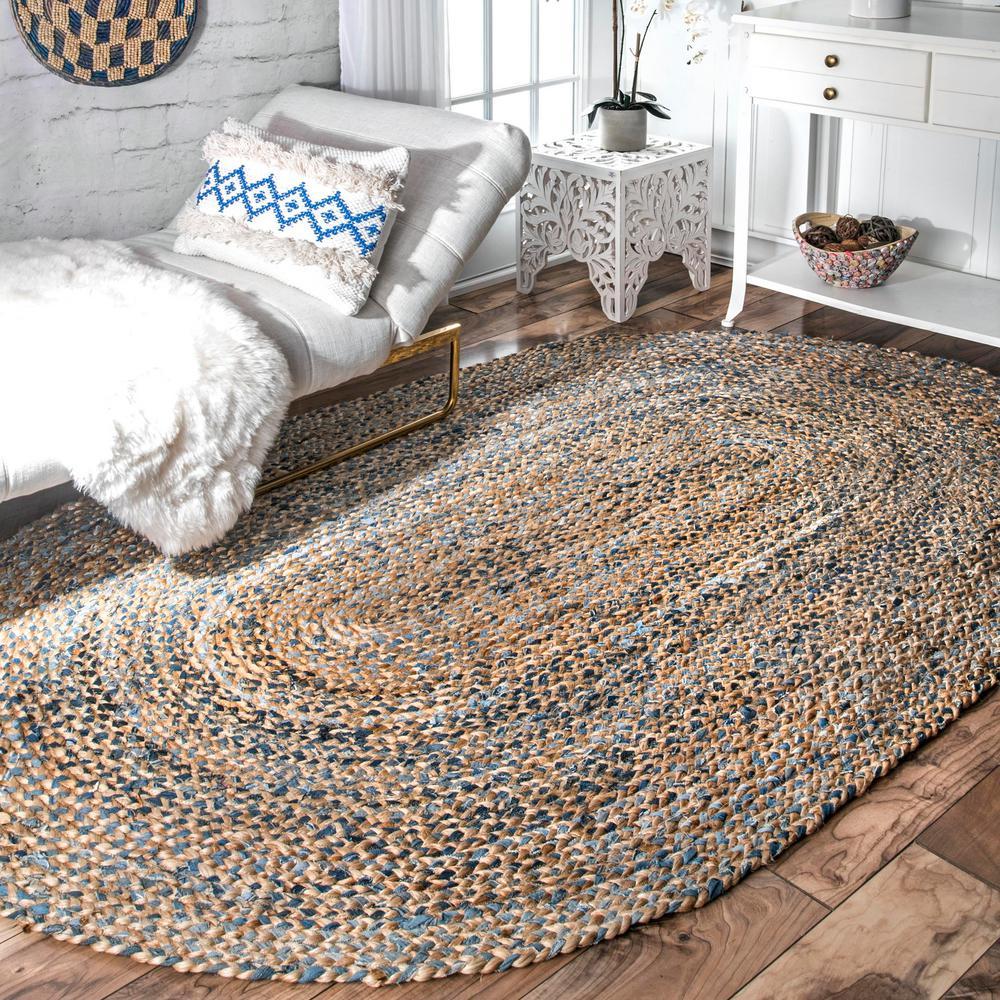 6' X 8' Braided Denim Jute Oval Area Rug for Living Room & Bedroom