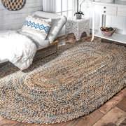 6' X 8' Braided Denim Jute Oval Area Rug for Living Room & Bedroom