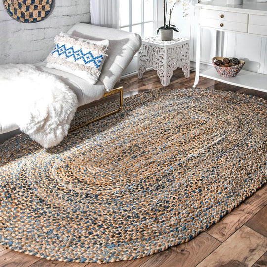 6' X 8' Braided Denim Jute Oval Area Rug for Living Room & Bedroom