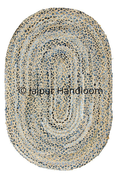 Braided Meditation Mat Oval Shape Area Rag Rug Handmade Cotton Area Carpet Jute Floor Mat-Jaipur Handloom