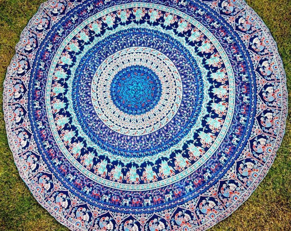 72" psychedelic mandala tapestry bohemian round beach throw cotton yoga mat-Jaipur Handloom