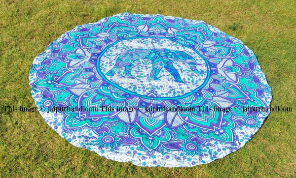 72" round yoga mat indian cotton beach towels round elephant mandala tapestry-Jaipur Handloom