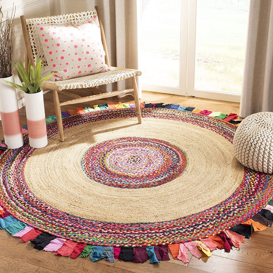 8 Feet round jute rug for Living Room Floor Area Rugs, Chindi Round Rugs from Jaipur Handloom