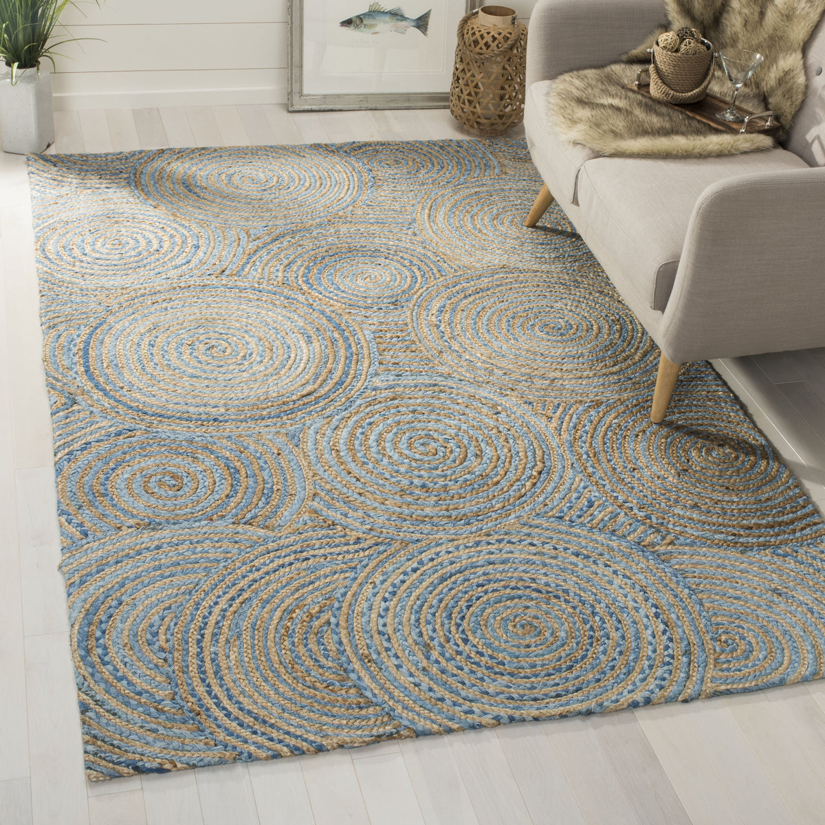 Blue Cotton Area Rug 8X10, Braided Rug for Living Room, Hand Knotted Rug