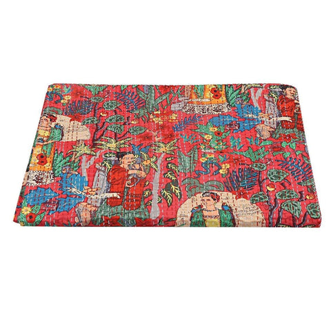 Red Frida Kahlo Twin Size Kantha Blanket