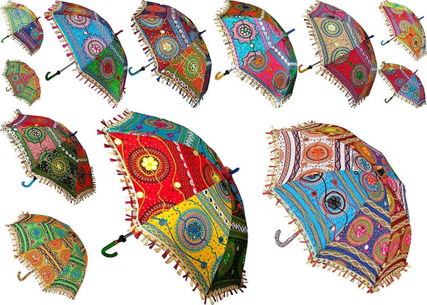 Beach Umbrella Embroidery Design - 10 pcs Wholesale Lot Indian Decorative Umbrellas-Jaipur Handloom