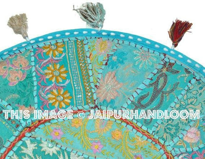Beautiful 22" Decorative Round Floor Pillow in Blue Cushion round embroidered Bohemian floor cushion pouf Vintage Indian Foot Stool Bean Bag-Jaipur Handloom