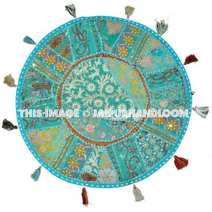 Beautiful 22" Decorative Round Floor Pillow in Blue Cushion round embroidered Bohemian floor cushion pouf Vintage Indian Foot Stool Bean Bag-Jaipur Handloom