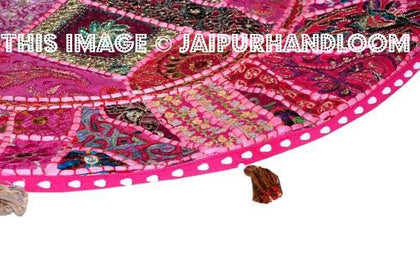 Beautiful 22" Decorative Round Floor Pillow in Pink Cushion round embroidered Bohemian floor cushion pouf Vintage Indian Foot Stool Bean Bag-Jaipur Handloom