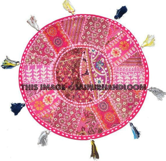 Beautiful 22" Decorative Round Floor Pillow in Pink Cushion round embroidered Bohemian floor cushion pouf Vintage Indian Foot Stool Bean Bag-Jaipur Handloom