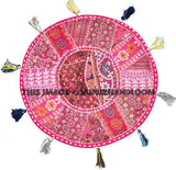 Beautiful 22" Decorative Round Floor Pillow in Pink Cushion round embroidered Bohemian floor cushion pouf Vintage Indian Foot Stool Bean Bag-Jaipur Handloom