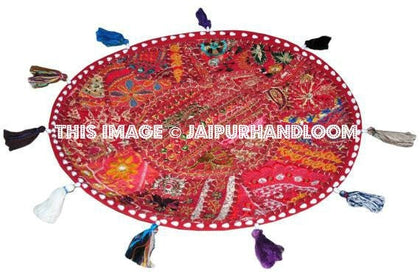 Beautiful 22" Decorative Round Floor Pillow in Red Cushion round embroidered Bohemian floor cushion pouf Vintage Indian Foot Stool Bean Bag-Jaipur Handloom