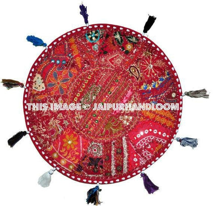 Beautiful 22" Decorative Round Floor Pillow in Red Cushion round embroidered Bohemian floor cushion pouf Vintage Indian Foot Stool Bean Bag-Jaipur Handloom