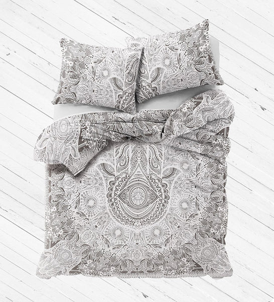 Beautiful Hamsa Hand Printed Bed cover with matching pillow cases-Jaipur Handloom