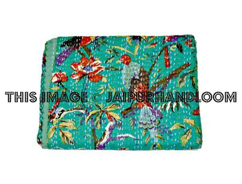 Beautiful bird kantha quilt in green, floral kantha quilt bed cover, sari kantha blanket throw, Kantha Quilt bedspread, bedding tapestry-Jaipur Handloom