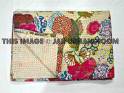 Beige Floral Kantha Quilt In Queen Sari Kantha Blanket-Jaipur Handloom