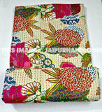Beige Floral Kantha Quilt In Queen Sari Kantha Blanket-Jaipur Handloom