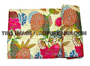 Beige Floral Kantha Quilt In Queen Sari Kantha Blanket-Jaipur Handloom