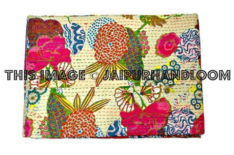 Beige Floral Kantha Quilt In Queen Sari Kantha Blanket-Jaipur Handloom