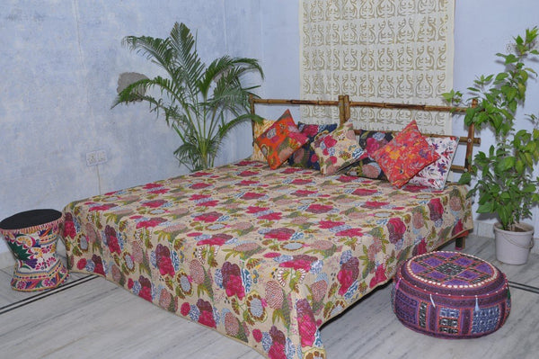 Beige Kantha Quilt Fair Trade Kantha Blanket Floral Kantha Bedspread Throw