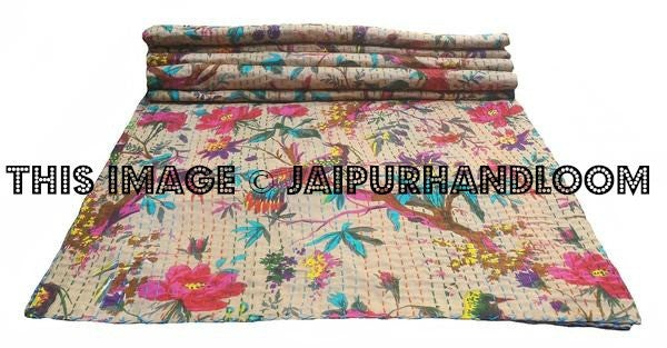 Beige Kantha Throw Queen Quilted Kantha Bedding Indian Kantha Bed Cover-Jaipur Handloom