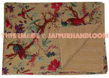Beige Kantha Throw Queen Quilted Kantha Bedding Indian Kantha Bed Cover-Jaipur Handloom