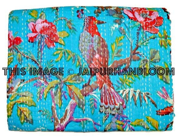 Bird Kantha Quilt in Blue, Twin Floral Kantha Bedspread Coverlet, Indian Kantha Blanket, Decorative Curtain, Sofa Throw-Jaipur Handloom