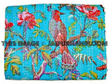 Bird Kantha Quilt in Blue, Twin Floral Kantha Bedspread Coverlet, Indian Kantha Blanket, Decorative Curtain, Sofa Throw-Jaipur Handloom