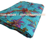 Bird Kantha Quilt in Turquoise Blue Queen Kantha Bedding Bedspread-Jaipur Handloom