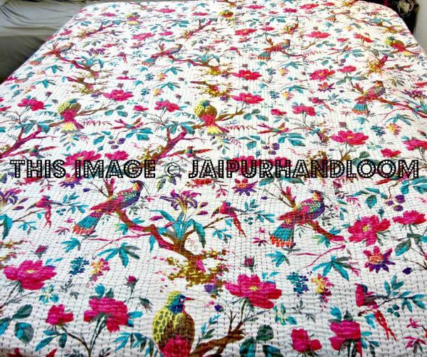 Bird print kantha blanket throw quilt bedspread-Jaipur Handloom