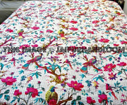 Bird print kantha blanket throw quilt bedspread-Jaipur Handloom