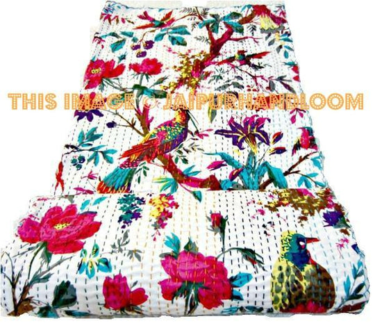 Bird print kantha blanket throw quilt bedspread-Jaipur Handloom