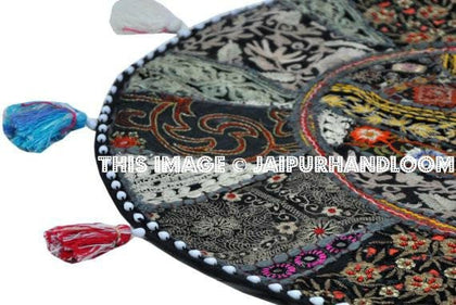 Black 17" Patchwork Round Floor Pillow Cushion round embroidered Bohemian Patchwork floor cushion pouf Vintage Indian Foot Stool ottoman-Jaipur Handloom