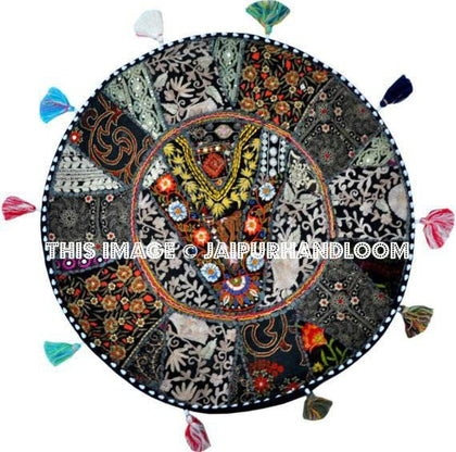 Black 17" Patchwork Round Floor Pillow Cushion round embroidered Bohemian Patchwork floor cushion pouf Vintage Indian Foot Stool ottoman-Jaipur Handloom