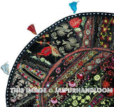 Black 22" Decorative Round Floor Pillow Cushion round embroidered Bohemian Patchwork floor cushion pouf Vintage Indian Foot Stool Bean Bag-Jaipur Handloom