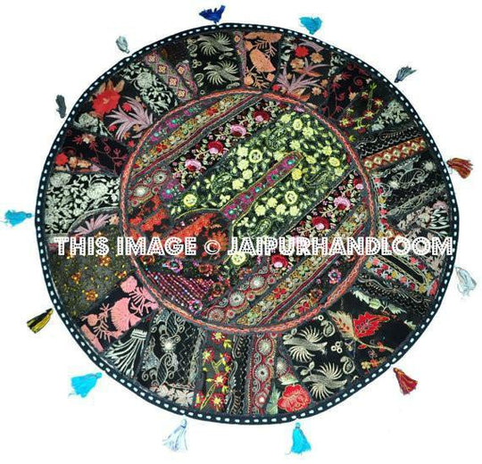 Black 22" Decorative Round Floor Pillow Cushion round embroidered Bohemian Patchwork floor cushion pouf Vintage Indian Foot Stool Bean Bag-Jaipur Handloom