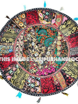 Black 22" Patchwork Round Floor Pillow Cushion Bohemian floor cushion pouf