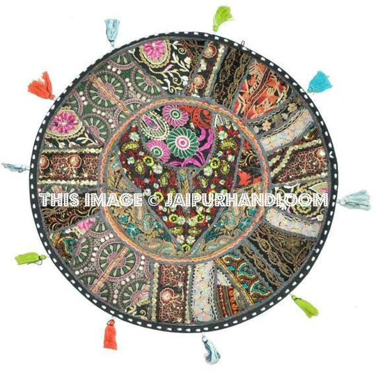 Black 22" Patchwork Round Floor Pillow Cushion round embroidered Bohemian Vintage Indian Foot Stool Bean Bag-Jaipur Handloom