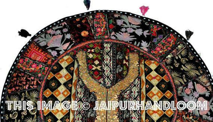 Black 32" Floor Cushion Handmade Round Floor Pillow Indian pouf bean bag cushions-Jaipur Handloom
