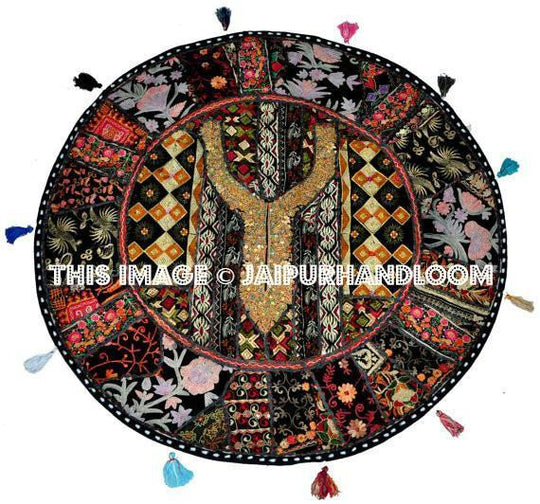 Black 32" Floor Cushion Handmade Round Floor Pillow Indian pouf bean bag cushions-Jaipur Handloom