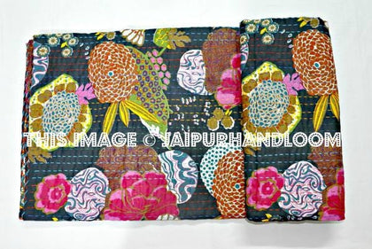 Black Kantha Quilt in Twin, Kantha Bedspread Bedcover, Decorative Curtains, Sofa Throw, Table Runner-Jaipur Handloom