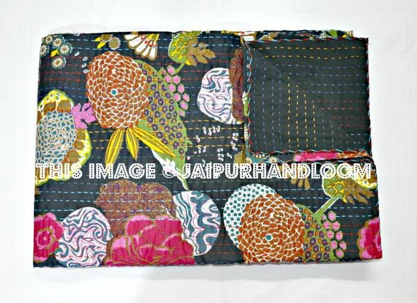 Black Kantha Quilt in Twin, Kantha Bedspread Bedcover, Decorative Curtains, Sofa Throw, Table Runner-Jaipur Handloom