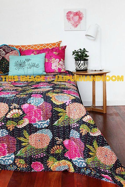 Black Queen Floral kantha bedspreads Bed cover Bedding Throw Quilt-Jaipur Handloom