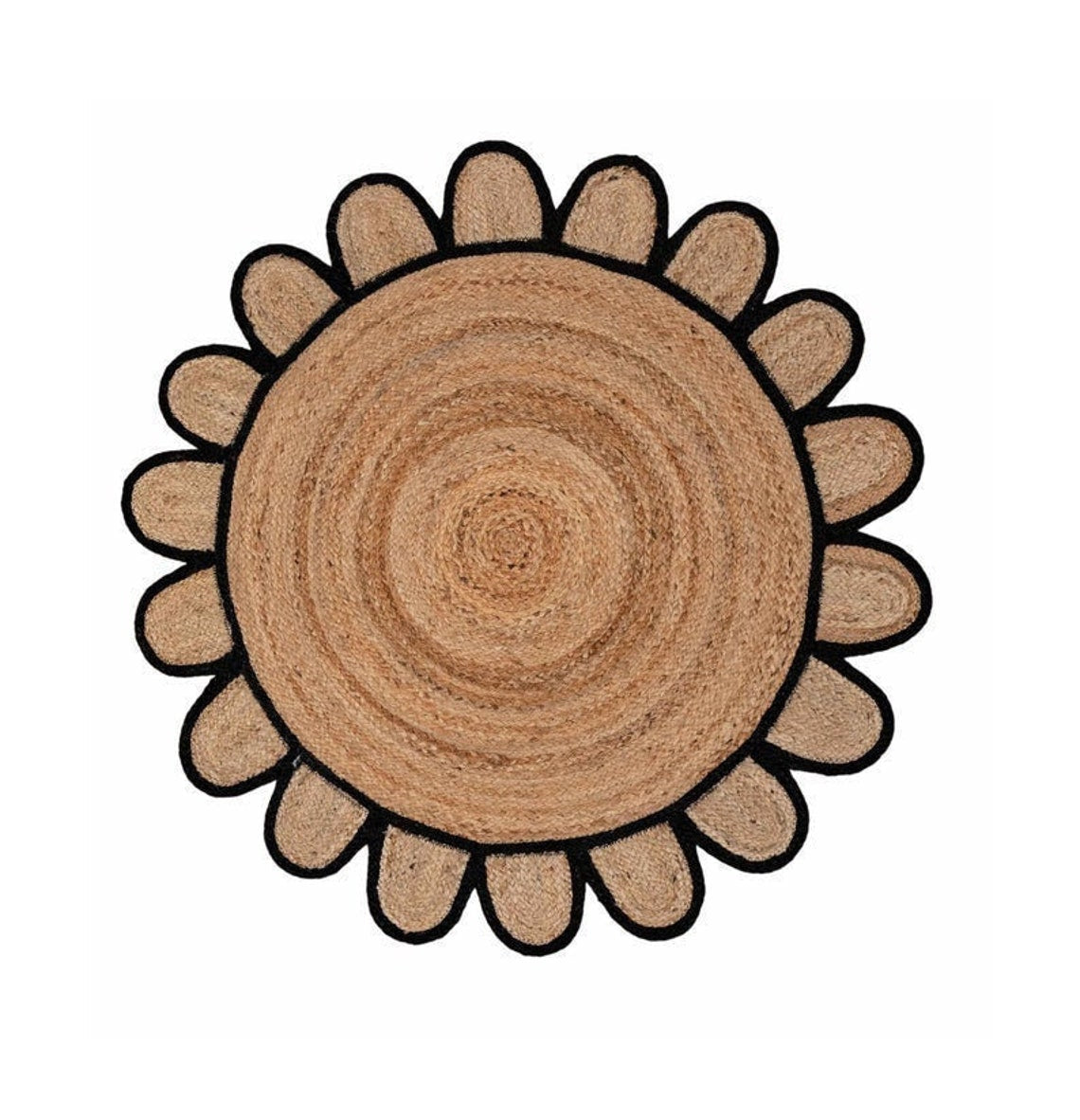 Black Round scallop rug, round scalloped jute rug, round jute rug