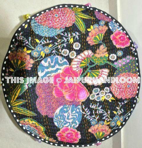 Black Tropicana Pouf Ottoman-Jaipur Handloom