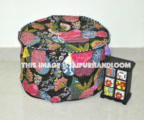 Black Tropicana Pouf Ottoman-Jaipur Handloom